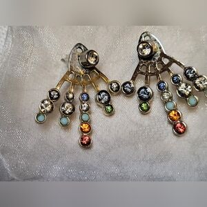 Aqua Gold Tone Cascading Rainbow Crystal Fan Two-Way Earrings